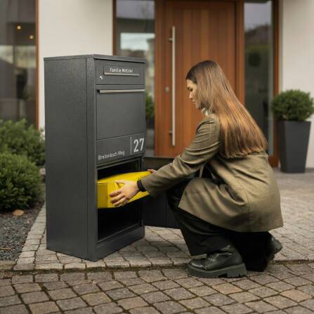 Metzler Paketbox mit Briefkasten | personalisiert mit Gravur | Edelstahl-Namensschild | mit Briefeinwurf | Eisenglimmer | Taren