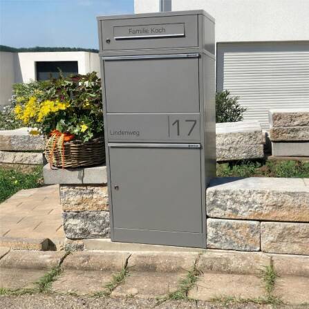 Metzler Cassetta per pacchi con cassetta postale | Antracite | personalizzato con incisione | Targhetta in acciaio inox | con apertura per lettere | Taren