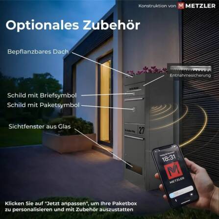 Metzler Cassetta per pacchi con cassetta postale | Antracite | personalizzato con incisione | Targhetta in acciaio inox | con apertura per lettere | Taren