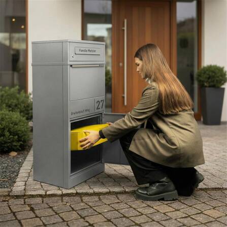 Metzler Cassetta per pacchi con cassetta postale | Antracite | personalizzato con incisione | Targhetta in acciaio inox | con apertura per lettere | Taren