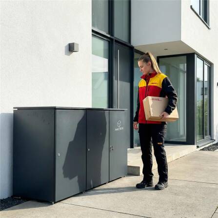 Metzler Mülltonnenbox | 2er mit Paketbox | Extra großes Volumen | Aus Aluminium | Höhenverstellbare Füße | Anthrazit