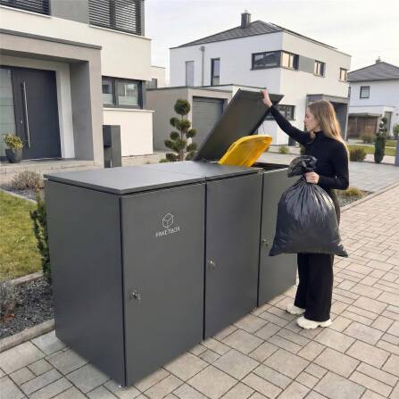 Metzler Mülltonnenbox | 2er mit Paketbox | Extra großes Volumen | Aus Aluminium | Höhenverstellbare Füße | Anthrazit