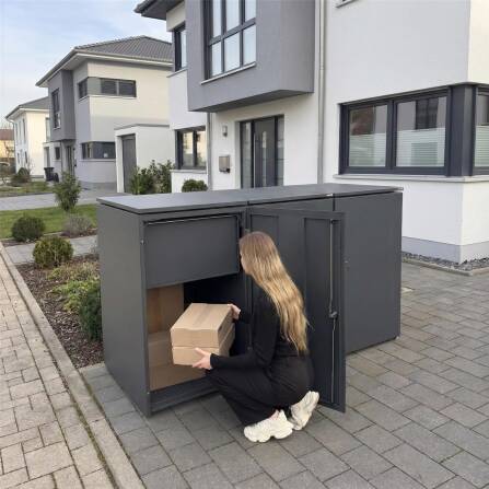 Metzler Mülltonnenbox | 2er mit Paketbox | Extra großes Volumen | Aus Aluminium | Höhenverstellbare Füße | Anthrazit