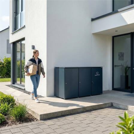 Metzler Mülltonnenbox | 2er mit Paketbox | Extra großes Volumen | Aus Aluminium | Höhenverstellbare Füße | Anthrazit