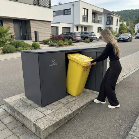 Metzler Mülltonnenbox | 3er mit Paketbox | Extra großes Volumen | Aus Aluminium | Höhenverstellbare Füße | Anthrazit