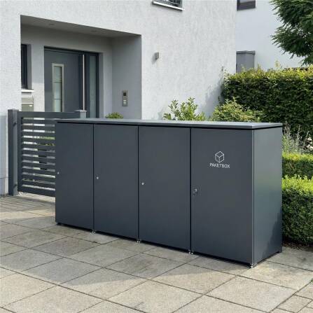 Metzler Mülltonnenbox | 3er mit Paketbox | Extra großes Volumen | Aus Aluminium | Höhenverstellbare Füße | Anthrazit