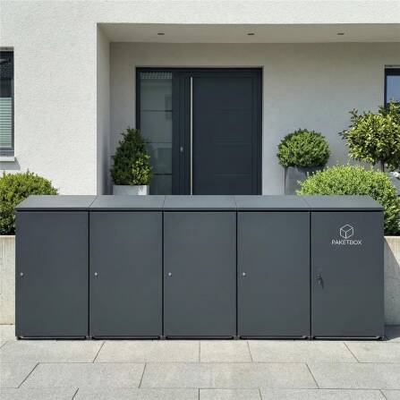 Metzler Mülltonnenbox | 4er mit Paketbox | Extra großes Volumen | Aus Aluminium | Höhenverstellbare Füße | Anthrazit