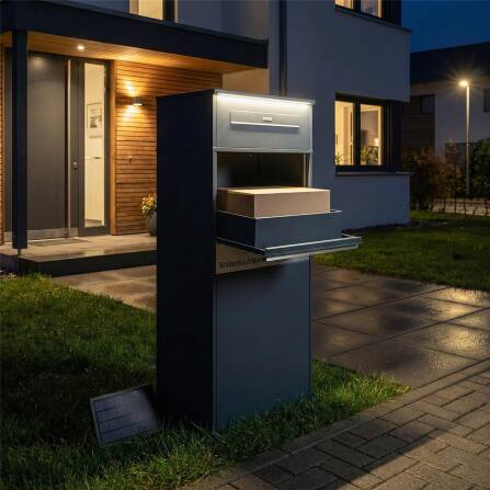 Metzler Paketbox mit LED | Entnahme auf der Rückseite | austauschbares Namensschild | Anthrazit | Zivo 2 Renz LED