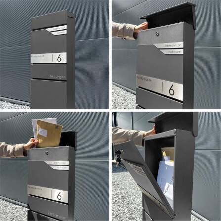 Metzler Standbriefkasten mit zwei Edelstahl-Namensschildern | verdecktes Zeitungsfach | Eisenglimmer | Alves 3