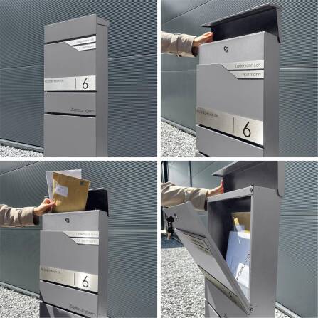 Metzler Standbriefkasten mit zwei Edelstahl-Namensschildern | verdecktes Zeitungsfach | Grau | Alves 3