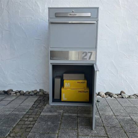 Metzler Paketbox XL mit Briefkasten | Paketkasten rostfrei | personalisiert mit Gravur | Grau | Bispo Max 2