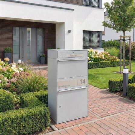 Metzler Paketbox XL mit Briefkasten | Paketkasten rostfrei | personalisiert mit Gravur | Grau | Bispo Max 2