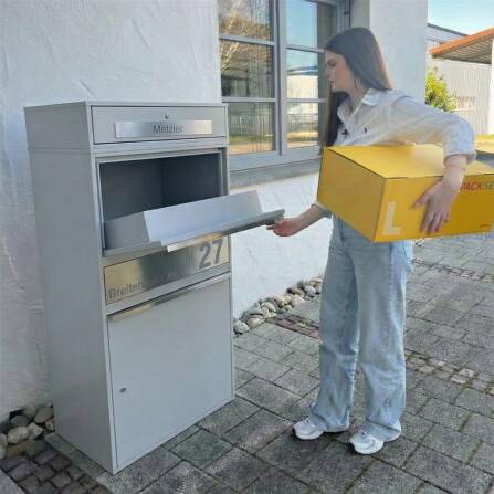 Metzler Paketbox XL mit Briefkasten | Paketkasten rostfrei | personalisiert mit Gravur | Grau | Bispo Max 2