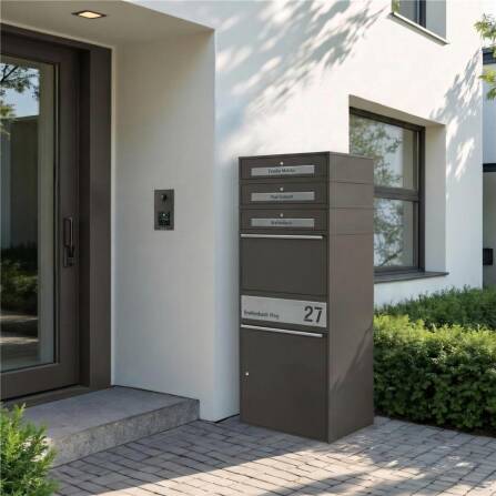 Metzler Paketbox XL mit 3 Briefkästen | Paketkasten rostfrei | personalisiert mit Gravur | Eisenglimmer | Bispo Max 2