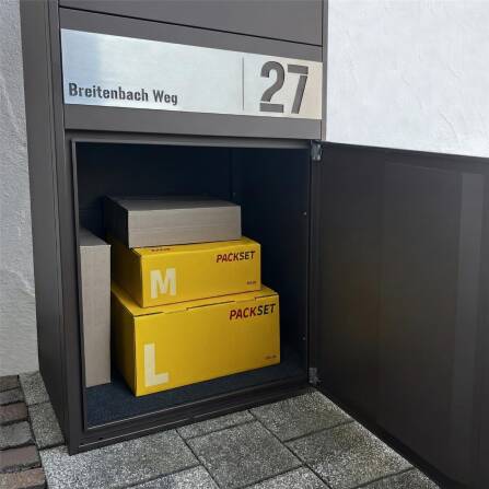 Metzler Paketbox XL mit 3 Briefkästen | Paketkasten rostfrei | personalisiert mit Gravur | Eisenglimmer | Bispo Max 2