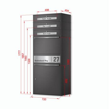 Metzler Paketbox XL mit 3 Briefkästen | Paketkasten rostfrei | personalisiert mit Gravur | Eisenglimmer | Bispo Max 2