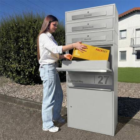 Metzler Paketbox XL mit 3 Briefkästen | Paketkasten rostfrei | personalisiert mit Gravur | Grau | Bispo Max 2