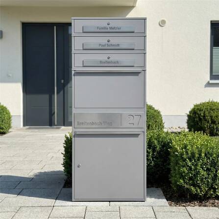 Metzler Paketbox XL mit 3 Briefkästen | Paketkasten rostfrei | personalisiert mit Gravur | Grau | Bispo Max 2