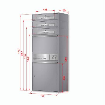 Metzler Paketbox XL mit 3 Briefkästen | Paketkasten rostfrei | personalisiert mit Gravur | Grau | Bispo Max 2