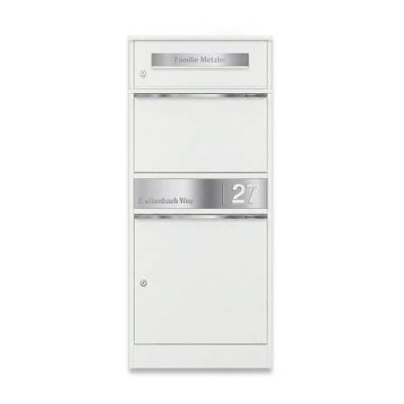 Metzler Paketbox mit Briefkasten | personalisiert mit Gravur | Edelstahl-Namensschild | mit Briefeinwurf | Weiß | Bispo 2