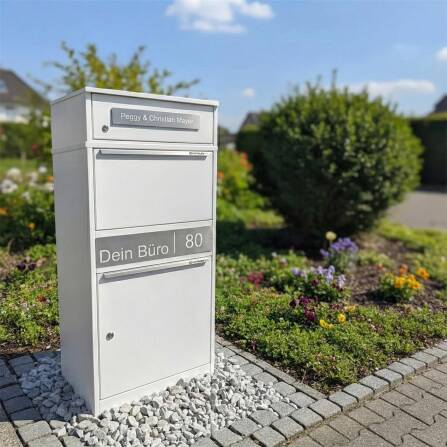 Metzler Paketbox mit Briefkasten | personalisiert mit Gravur | Edelstahl-Namensschild | mit Briefeinwurf | Weiß | Bispo 2