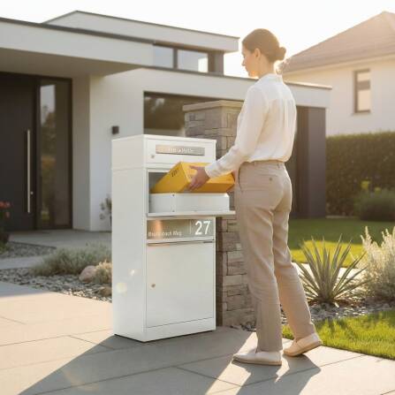 Metzler Paketbox mit Briefkasten | personalisiert mit Gravur | Edelstahl-Namensschild | mit Briefeinwurf | Weiß | Bispo 2
