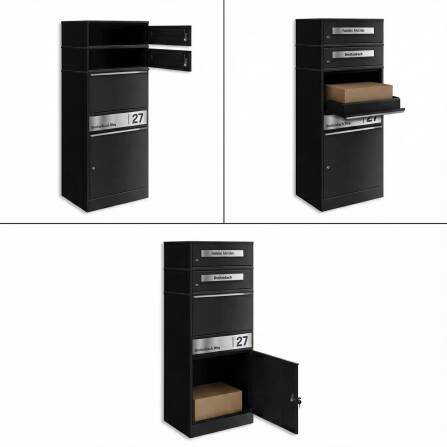 Metzler Paketbox mit 2 Briefkästen | personalisiert mit Gravur | Edelstahl-Namensschild | mit Briefeinwurf | Schwarz | Bispo 2