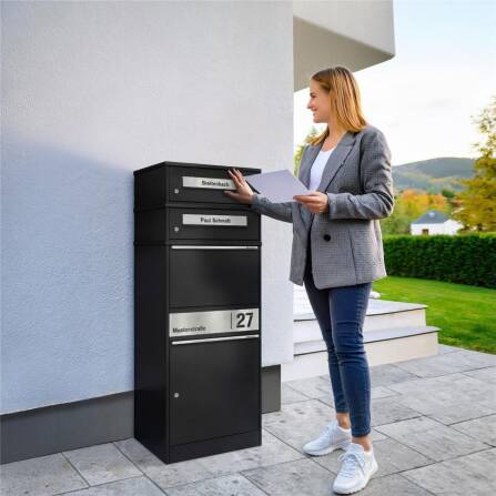 Metzler Paketbox mit 2 Briefkästen | personalisiert mit Gravur | Edelstahl-Namensschild | mit Briefeinwurf | Schwarz | Bispo 2
