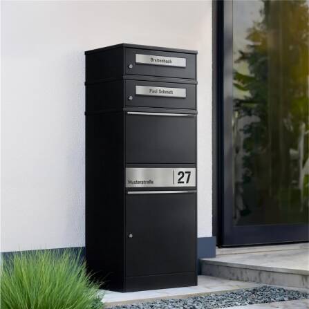 Metzler Paketbox mit 2 Briefkästen | personalisiert mit Gravur | Edelstahl-Namensschild | mit Briefeinwurf | Schwarz | Bispo 2