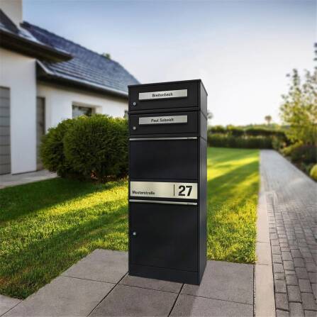 Metzler Paketbox mit 2 Briefkästen | personalisiert mit Gravur | Edelstahl-Namensschild | mit Briefeinwurf | Schwarz | Bispo 2