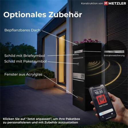 Metzler Paketbox mit 2 Briefkästen | personalisiert mit Gravur | Edelstahl-Namensschild | mit Briefeinwurf | Schwarz | Bispo 2