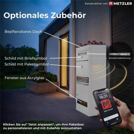Metzler Boîte à colis avec 2 boîtes aux lettres |  personnalisée avec gravure | Plaques de nom en acier inoxydable | Bispo 2