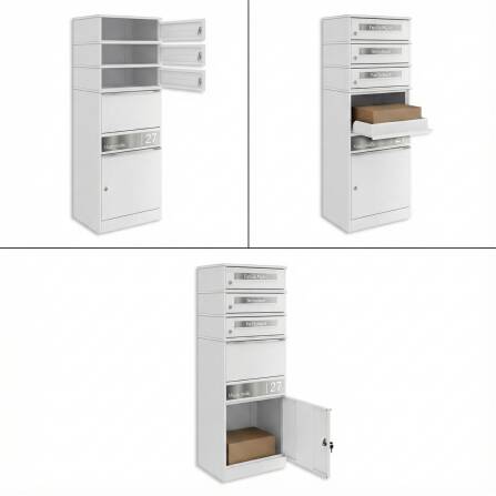 Metzler Paketbox mit 3 Briefkästen | personalisiert mit Gravur | Edelstahl-Namensschild | mit Briefeinwurf | Weiß | Bispo 2