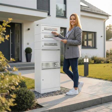 Metzler Paketbox mit 3 Briefkästen | personalisiert mit Gravur | Edelstahl-Namensschild | mit Briefeinwurf | Weiß | Bispo 2