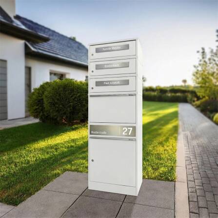 Metzler Paketbox mit 3 Briefkästen | personalisiert mit Gravur | Edelstahl-Namensschild | mit Briefeinwurf | Weiß | Bispo 2