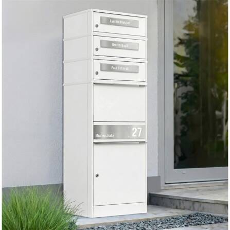 Metzler Paketbox mit 3 Briefkästen | personalisiert mit Gravur | Edelstahl-Namensschild | mit Briefeinwurf | Weiß | Bispo 2