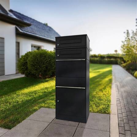 Metzler Paketbox mit 2 Briefkästen | zweifacher Briefeinwurf | für Pakete bis zur Größe M | rostfrei | Tiefschwarz | Bispo