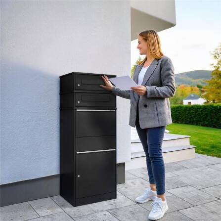 Metzler Paketbox mit 2 Briefkästen | zweifacher Briefeinwurf | für Pakete bis zur Größe M | rostfrei | Tiefschwarz | Bispo