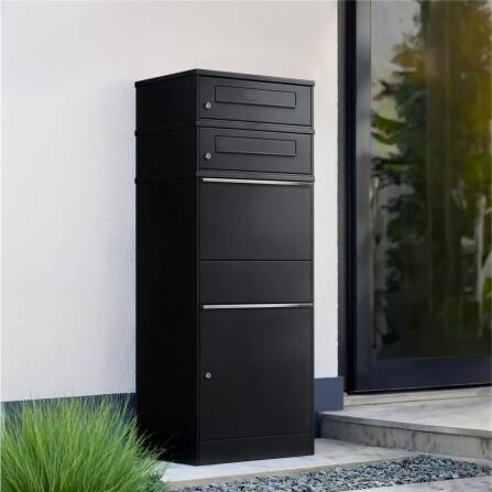 Metzler Paketbox mit 2 Briefkästen | zweifacher Briefeinwurf | für Pakete bis zur Größe M | rostfrei | Tiefschwarz | Bispo