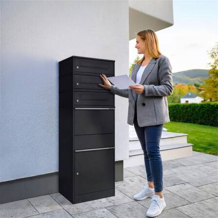 Metzler Paketbox mit 3 Briefkästen | dreifacher Briefeinwurf | für Pakete bis zur Größe M | rostfrei | Schwarz | Bispo