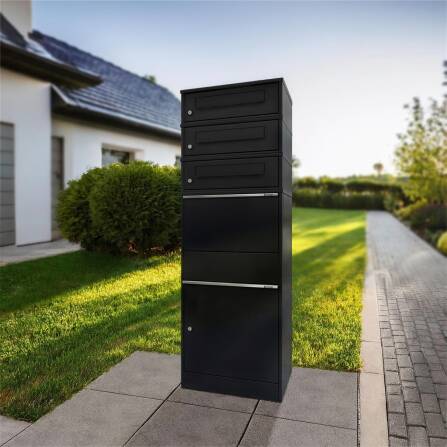 Metzler Paketbox mit 3 Briefkästen | dreifacher Briefeinwurf | für Pakete bis zur Größe M | rostfrei | Schwarz | Bispo