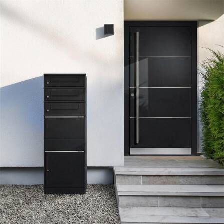 Metzler Paketbox mit 3 Briefkästen | dreifacher Briefeinwurf | für Pakete bis zur Größe M | rostfrei | Schwarz | Bispo