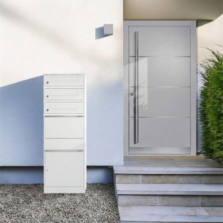 Metzler Paketbox mit 3 Briefkästen | dreifacher Briefeinwurf | für Pakete bis zur Größe M | rostfrei | Weiß | Bispo