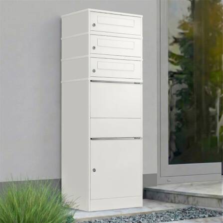 Metzler Paketbox mit 3 Briefkästen | dreifacher Briefeinwurf | für Pakete bis zur Größe M | rostfrei | Weiß | Bispo