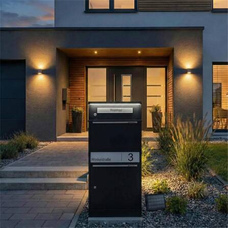 Metzler Paketbox mit Briefkasten | LED | personalisiert mit Gravur | Schwarz | Bispo 2