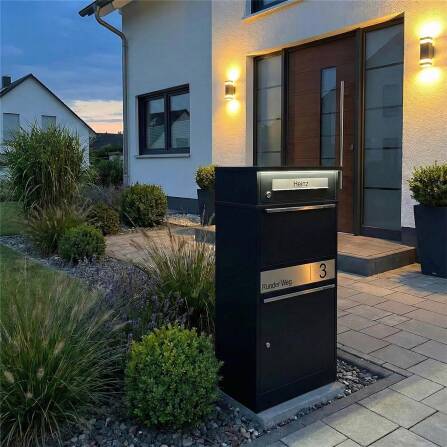 Metzler Paketbox mit Briefkasten | LED | personalisiert mit Gravur | Schwarz | Bispo 2