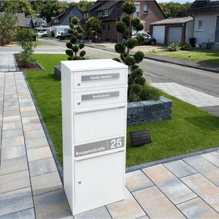 Metzler Paketbox mit 2 Briefkästen | LED | personalisiert mit Gravur | Weiß | Bispo 2