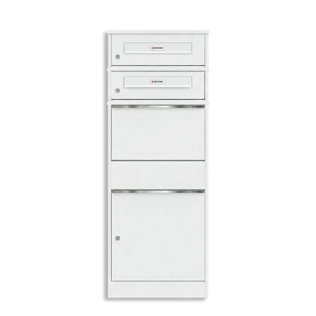 Metzler Paketbox mit 2 Briefkästen mit austauschbaren Namensschildern | für Pakete bis zur Größe M | Verkehrsweiß | Bispo RE