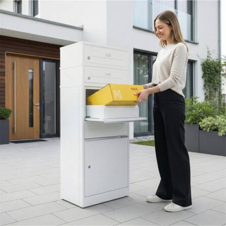 Metzler Paketbox mit 2 Briefkästen mit austauschbaren Namensschildern | für Pakete bis zur Größe M | Verkehrsweiß | Bispo RE