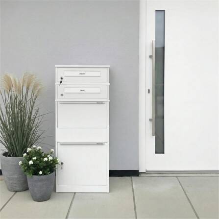 Metzler Paketbox mit 2 Briefkästen mit austauschbaren Namensschildern | für Pakete bis zur Größe M | Verkehrsweiß | Bispo RE